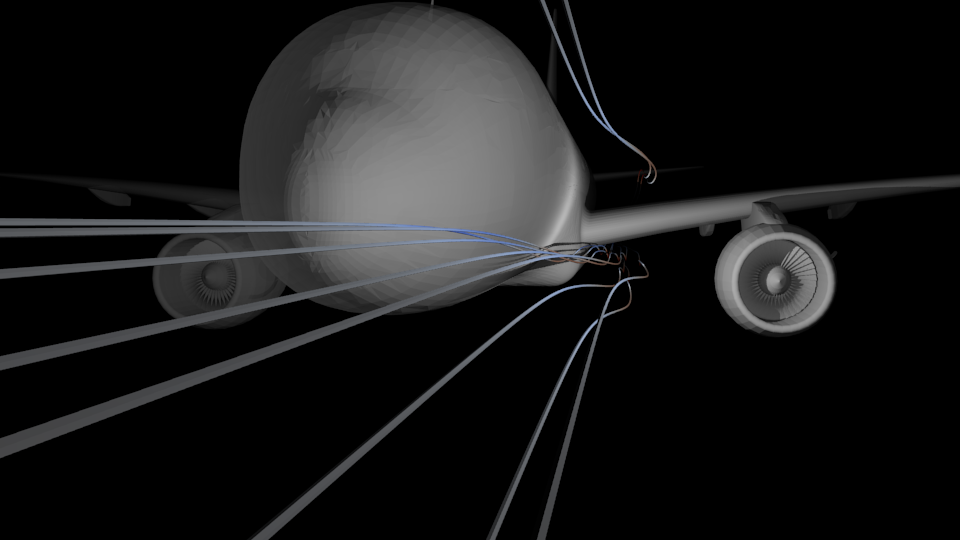 CFD visualisation around an aircraft nose and engines